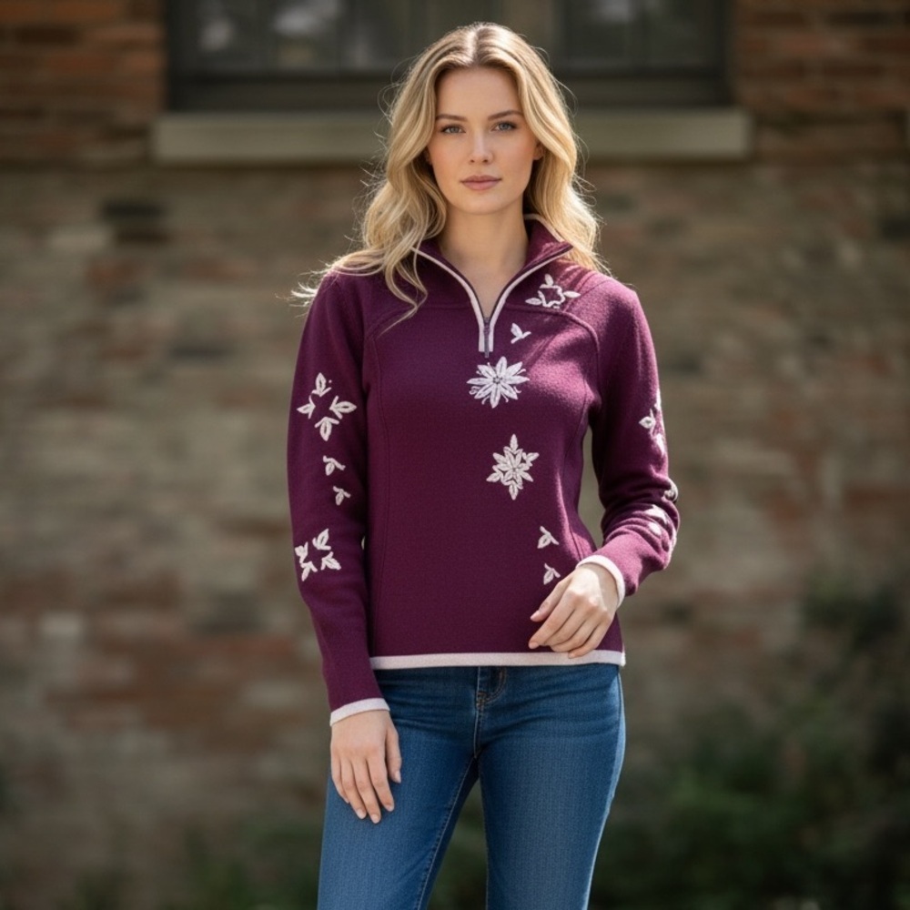 Athleta Wool Blend 1/4 Zip Pullover Sweater Plum Color White Embroidery Size L